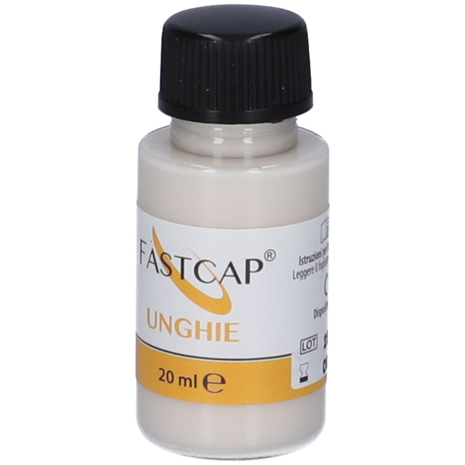 Flacone con tappo nero. Etichetta con nome prodotto e indicazione volume.