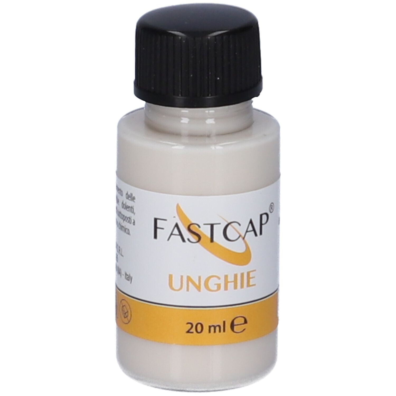 Flacone con tappo nero. Etichetta con nome prodotto e indicazione volume.
