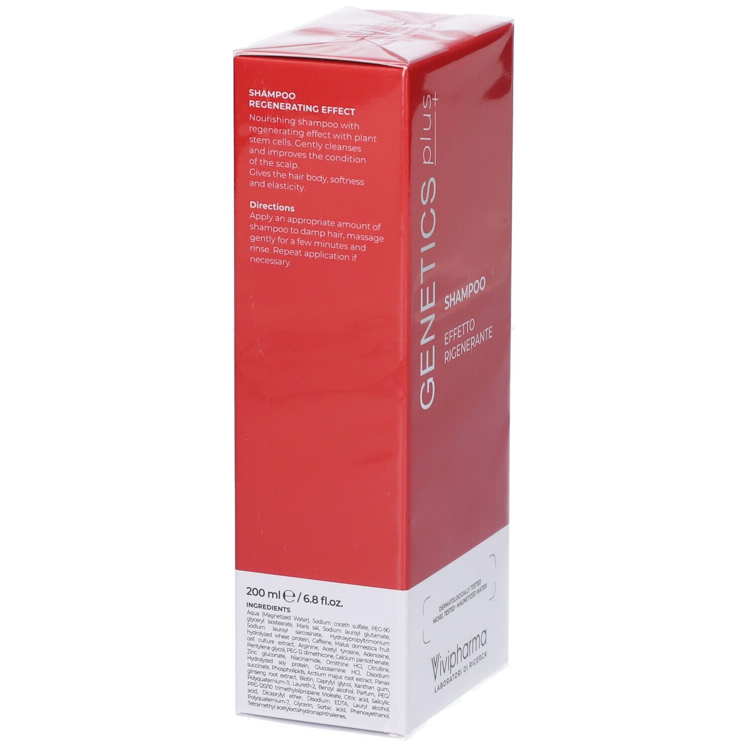 Confezione rossa per shampoo GENETICS PLUS, 200 ml, ad effetto rigenerante.