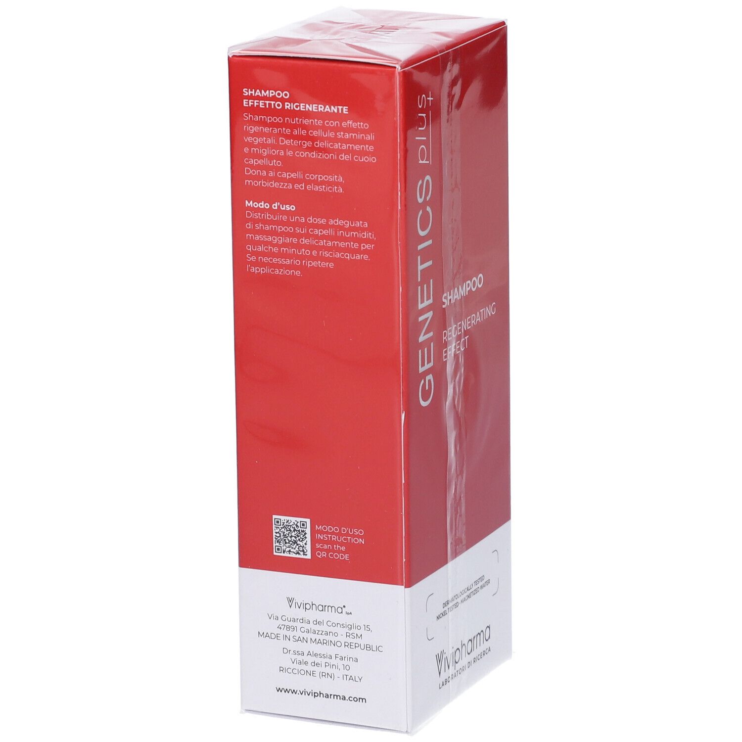 Scatola rossa per shampoo "GENETICS PLUS" con effetto rigenerante.