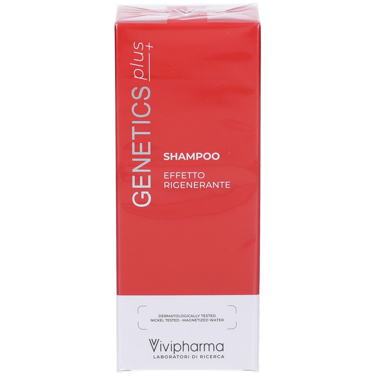 Genetics Plus Shampoo: confezione rossa con scritte bianche. Visibili "Effetto Rigenerante" e "Vivipharma".