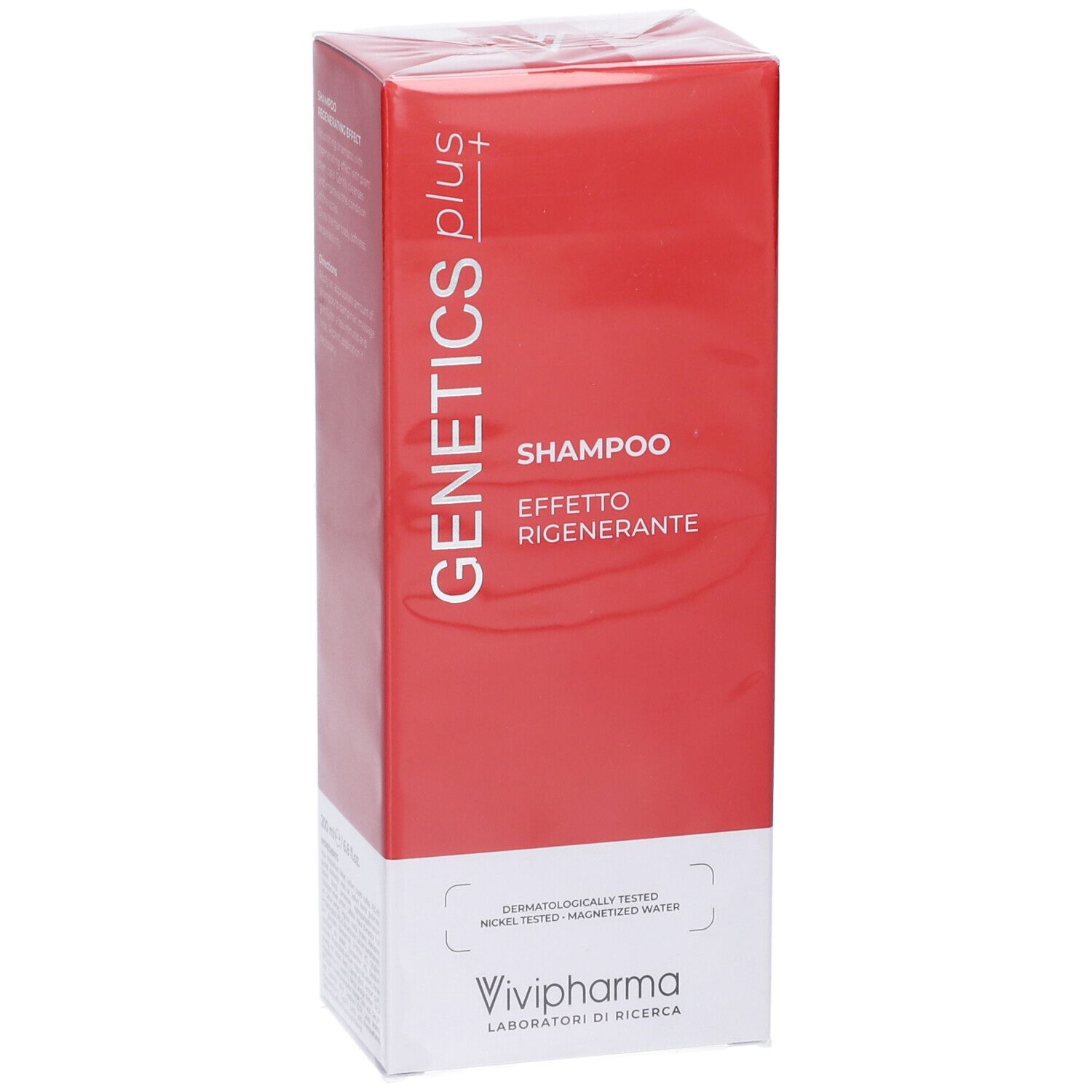 Genetics Plus Shampoo: confezione rossa con scritte bianche. Testato dermatologicamente.