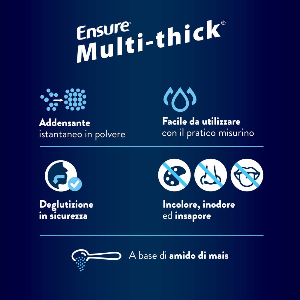 Abbott Ensure Multi-thick: polvere istantanea, deglutizione sicura, insapore. A base di amido di mais.