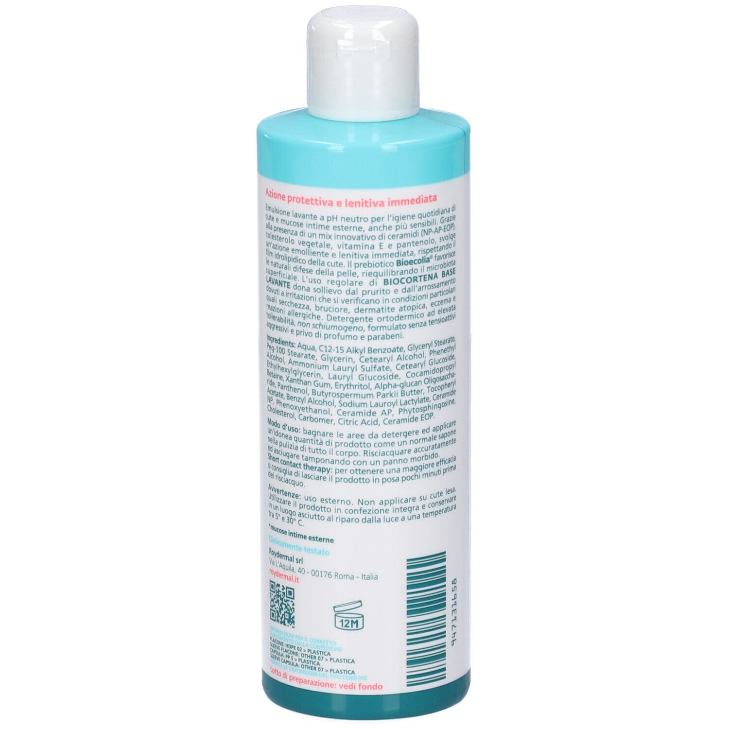 Retro del flacone. Testo con ingredienti e istruzioni per l'uso. Contiene 250 ml.