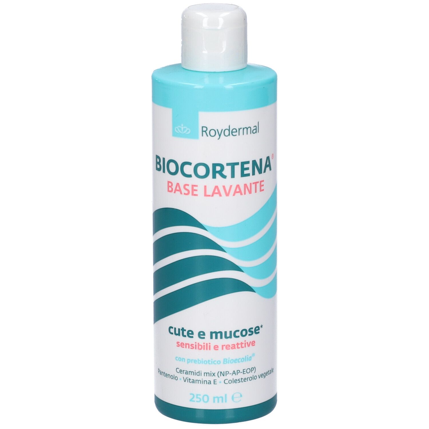 Flacone con tappo blu ed etichetta. Scritta: Biocortena Base Lavante. Contiene 250 ml.