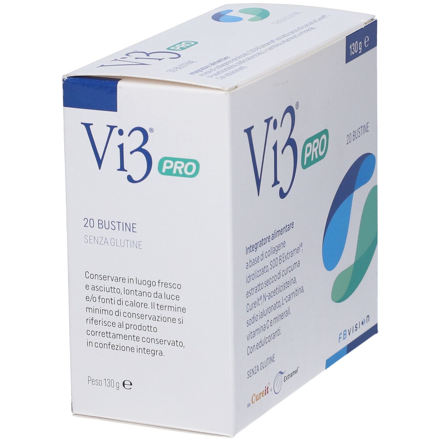 Scatola bianca "Vi3 PRO" con 20 bustine, 130g. Testo: Integratore alimentare, senza glutine. Elementi blu e verdi. Vista angolata.