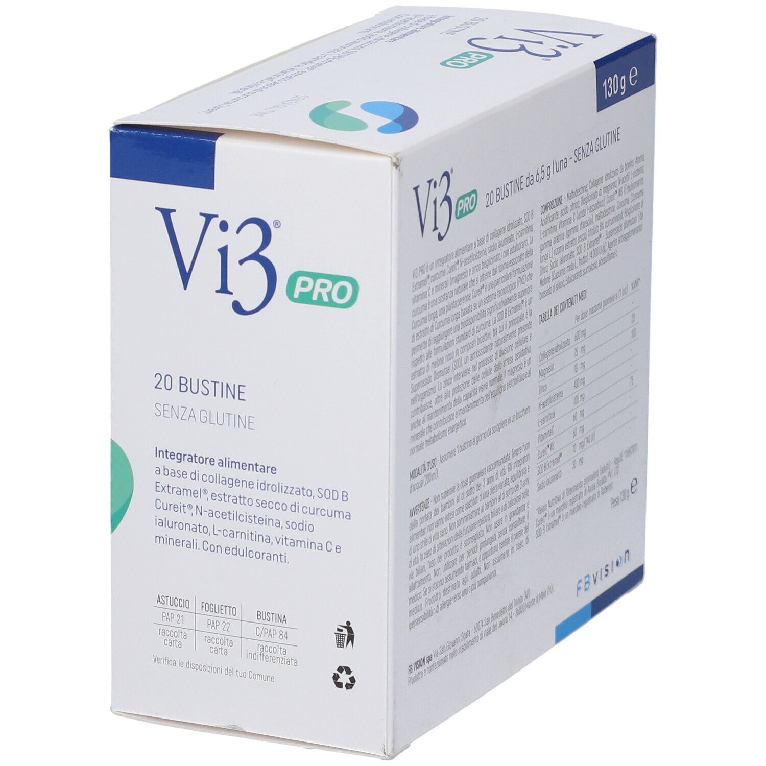 Scatola bianca "Vi3 PRO" con 20 bustine, 130g. Testo: Ingredienti, senza glutine. Elementi blu e verdi. Vista angolata.
