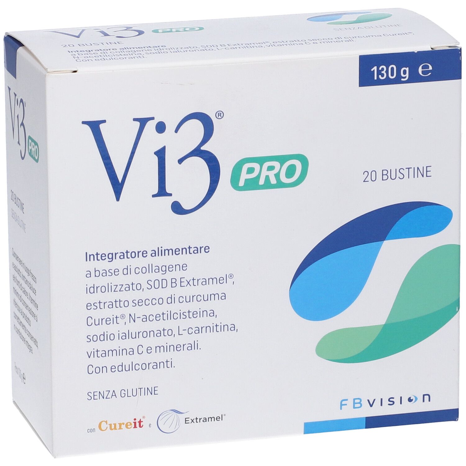 Scatola bianca "Vi3 PRO" con 20 bustine, 130g. Testo: Integratore alimentare, senza glutine. Elementi blu e verdi.