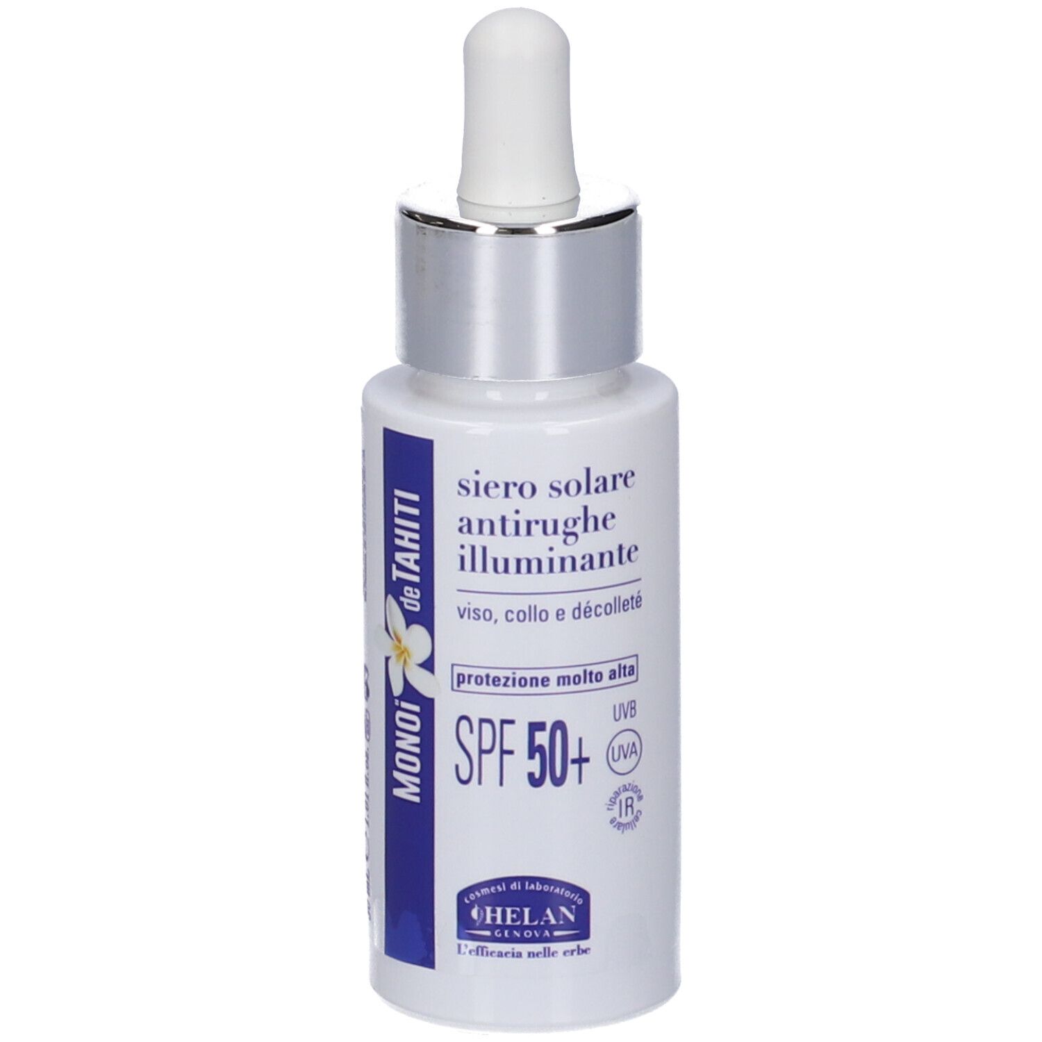Flacone di siero bianco con contagocce. Scritta: MONOI de TAHITI, SPF 50+. Marchio: HELAN.