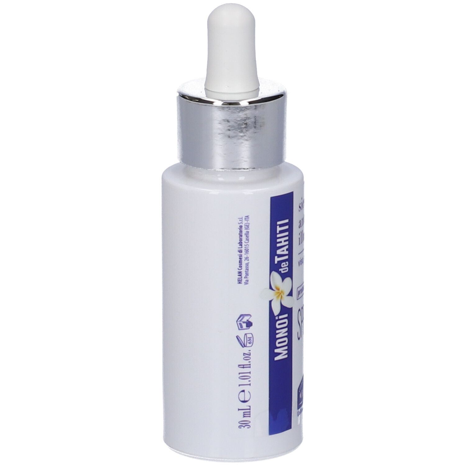 Flacone di siero bianco con contagocce. Scritta: MONOI de TAHITI, SPF 50+. Marchio: HELAN.