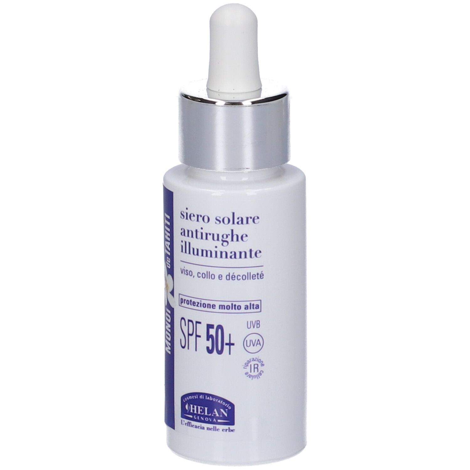 Flacone di siero bianco con contagocce. Scritta: MONOI de TAHITI, SPF 50+. Marchio: HELAN.
