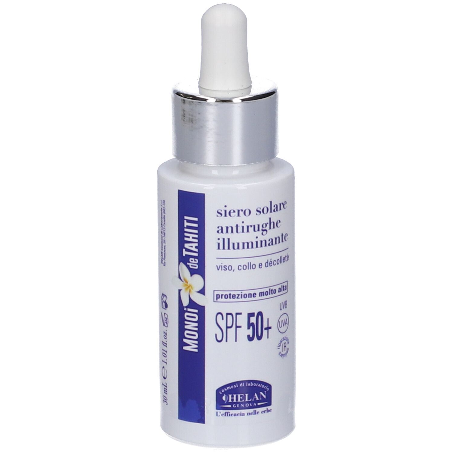 Flacone di siero bianco con contagocce. Scritta: MONOI de TAHITI, SPF 50+. Marchio: HELAN.
