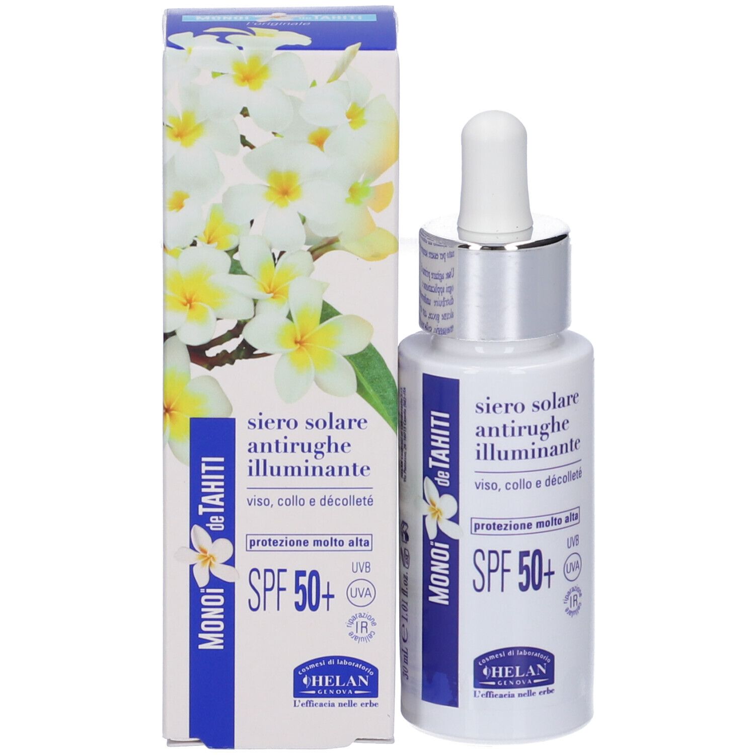 Flacone e scatola del prodotto. Scritta: MONOI de TAHITI, SPF 50+. Marchio: HELAN. Motivo floreale.