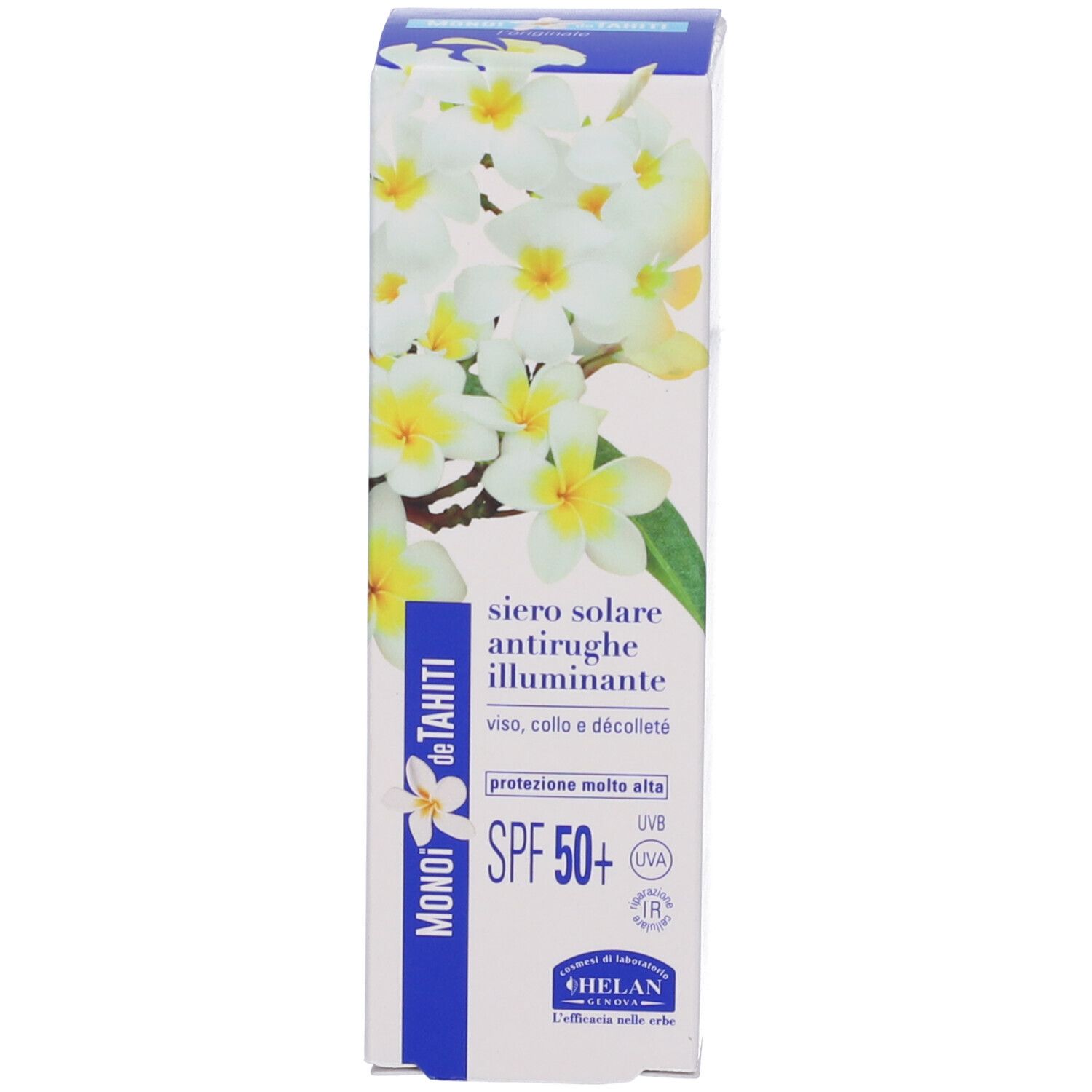Confezione del prodotto. Scritta: MONOI de TAHITI, SPF 50+. Marchio: HELAN. Motivo floreale.