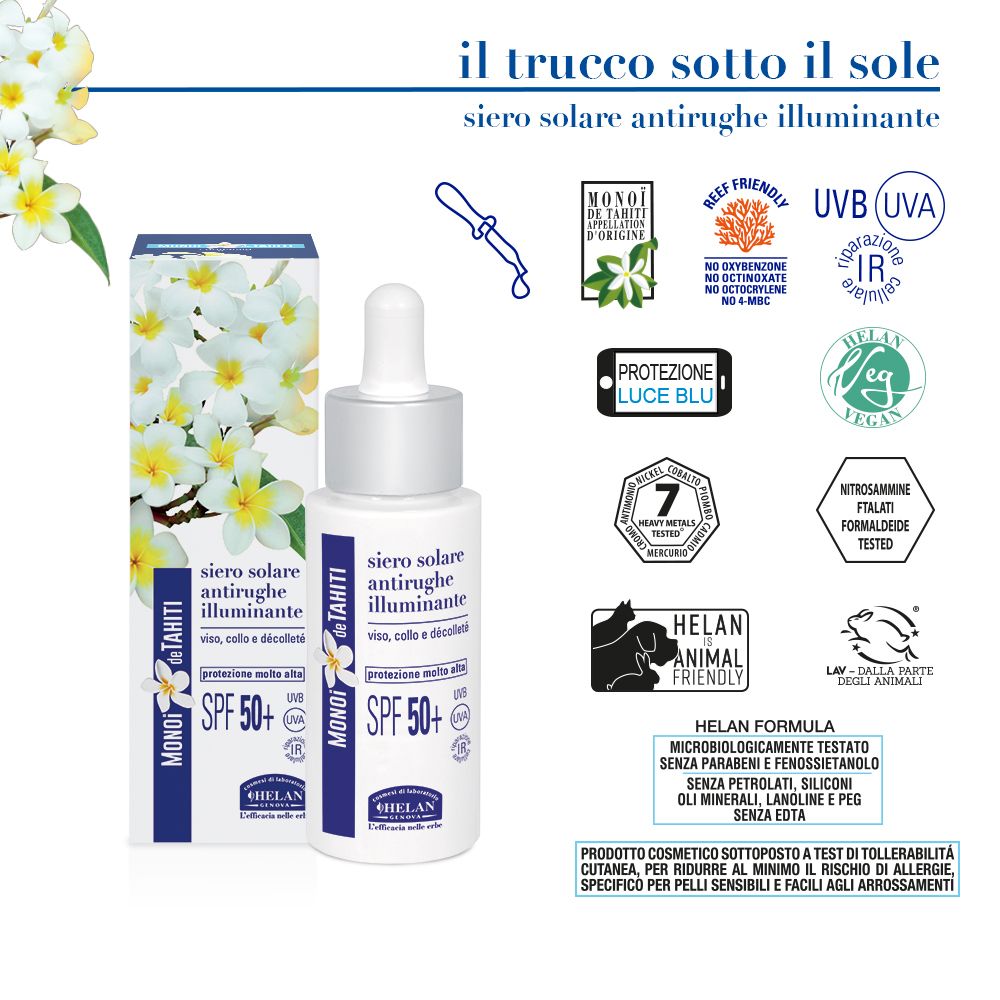 Flacone e scatola del prodotto. Scritta: MONOI de TAHITI, SPF 50+. Marchio: HELAN. Certificazioni.