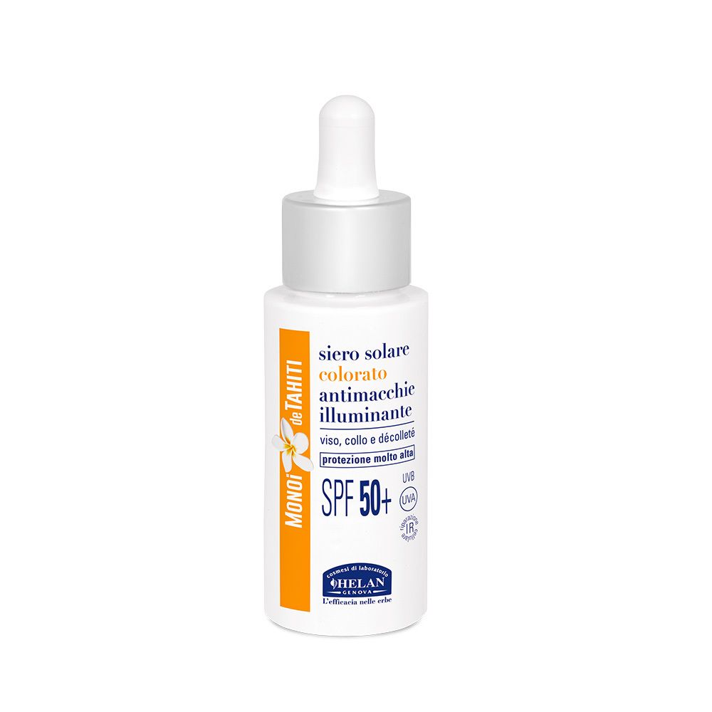 Flacone bianco con contagocce. Scritta: Siero Solare Colorato Illuminante SPF50+. Marchio: Helan.