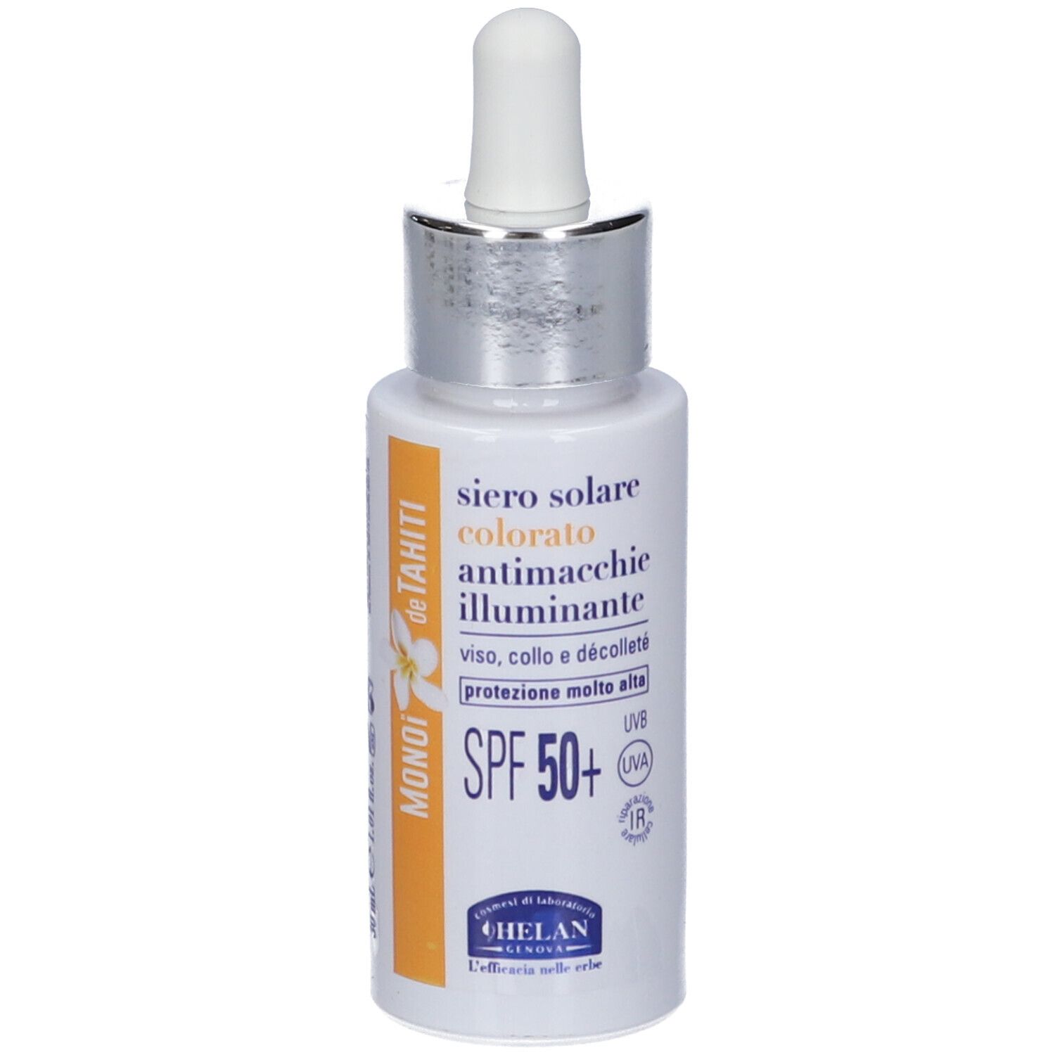 Flacone. Testo: MONOI de TAHITI, SPF 50+, HELAN.