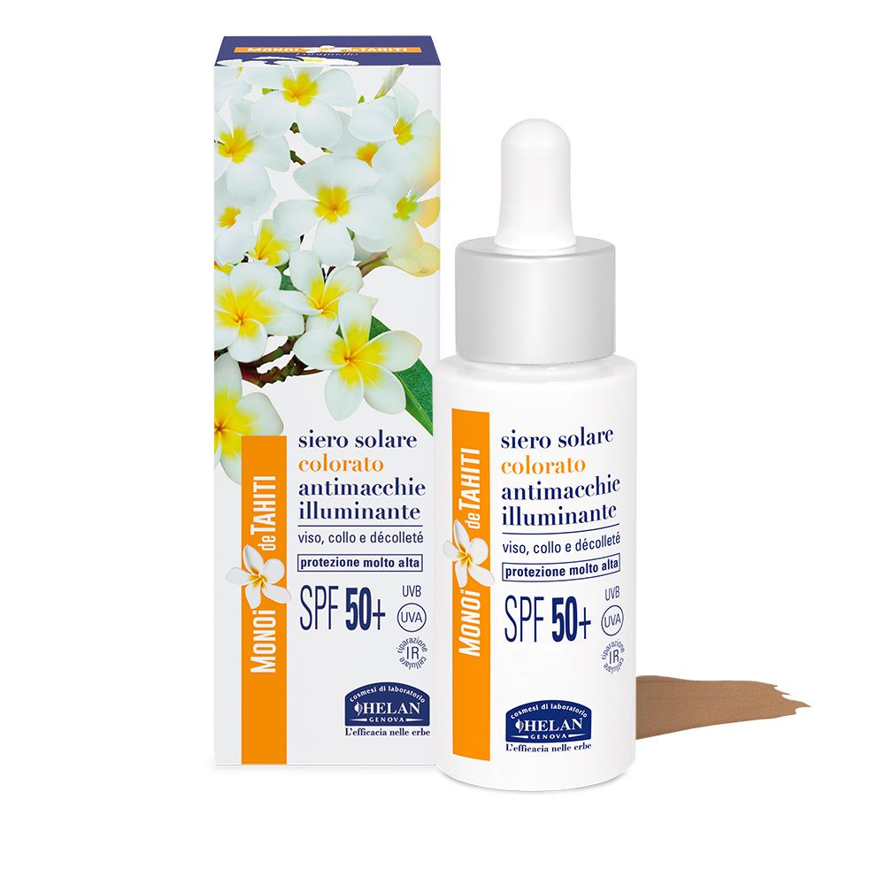 Flacone e confezione. Scritta: Siero Solare Colorato Illuminante SPF50+. Marchio: Helan.
