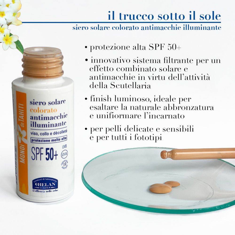Flacone e piastra di vetro. Scritta: Siero Solare Colorato Illuminante. Marchio: Helan. Testo sulle proprietà.