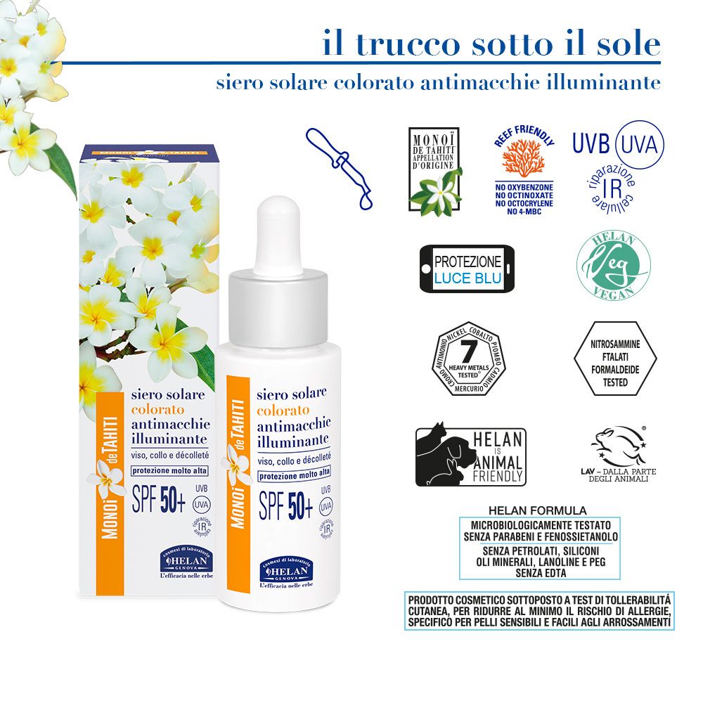 Flacone e confezione. Scritta: Siero Solare Colorato Illuminante SPF50+. Marchio: Helan. Sigilli.