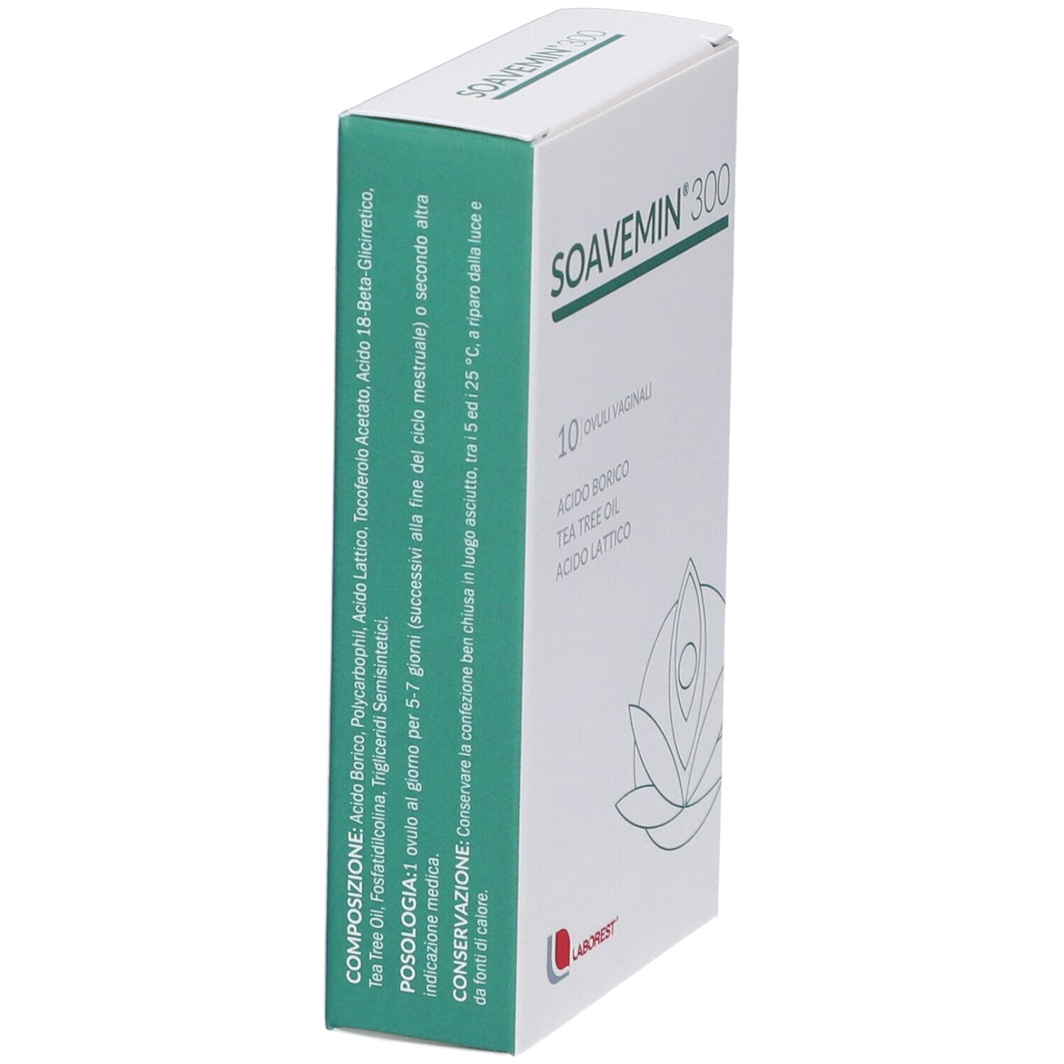 Scatola "SOAVEMIN 300". Ingredienti e istruzioni per l'uso. Marchio: Laborest. Stampa: "10 ovuli vaginali".