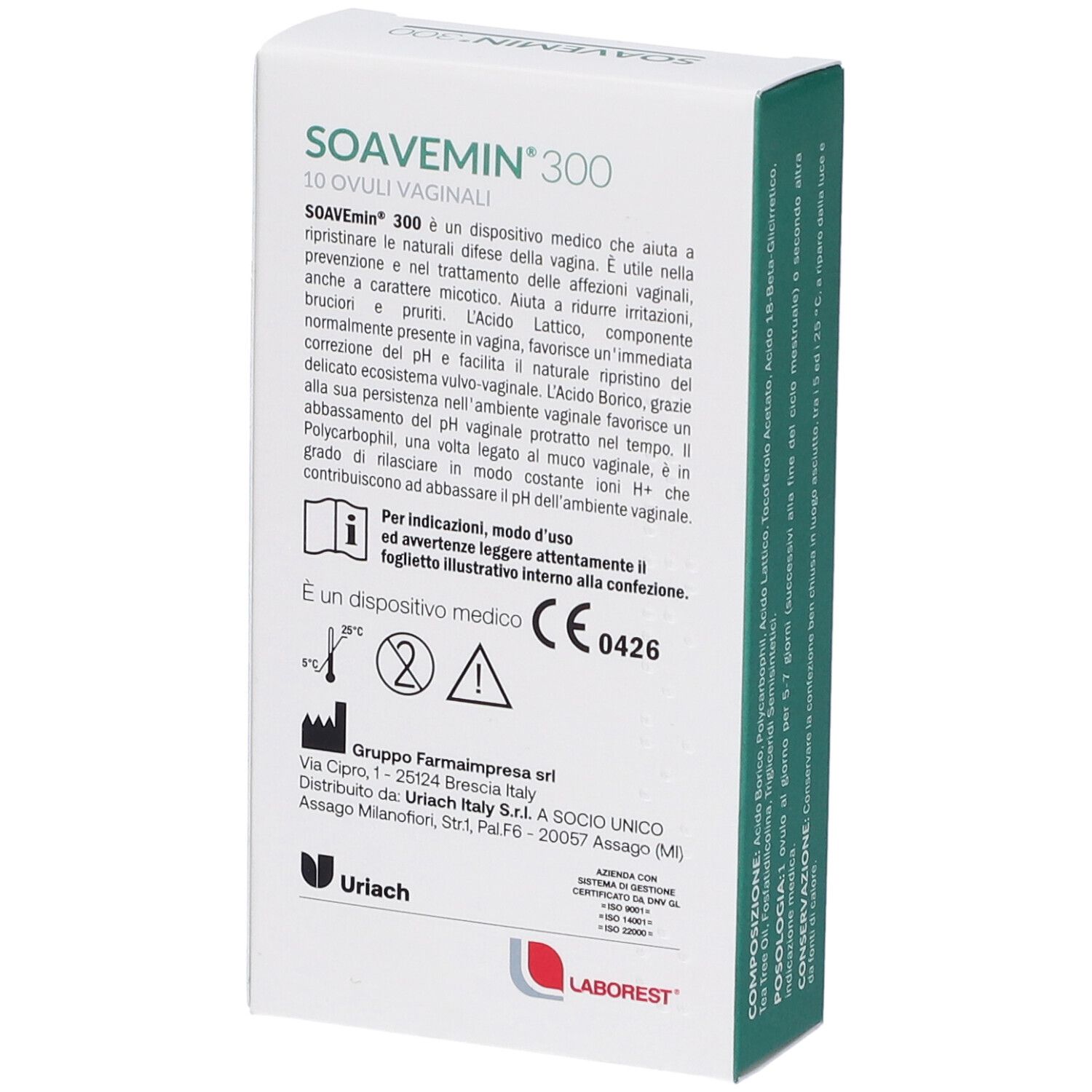 Retro della scatola "SOAVEMIN 300". Dispositivo medico con marchio CE. Informazioni del produttore. Marchio: Laborest.