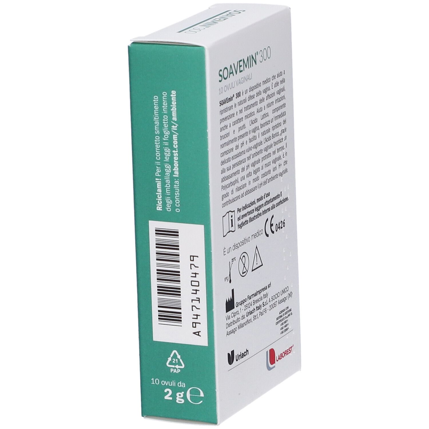 Scatola "SOAVEMIN 300". Contiene 10 ovuli vaginali. Simbolo di riciclaggio. Marchio: Laborest. Codice a barre.