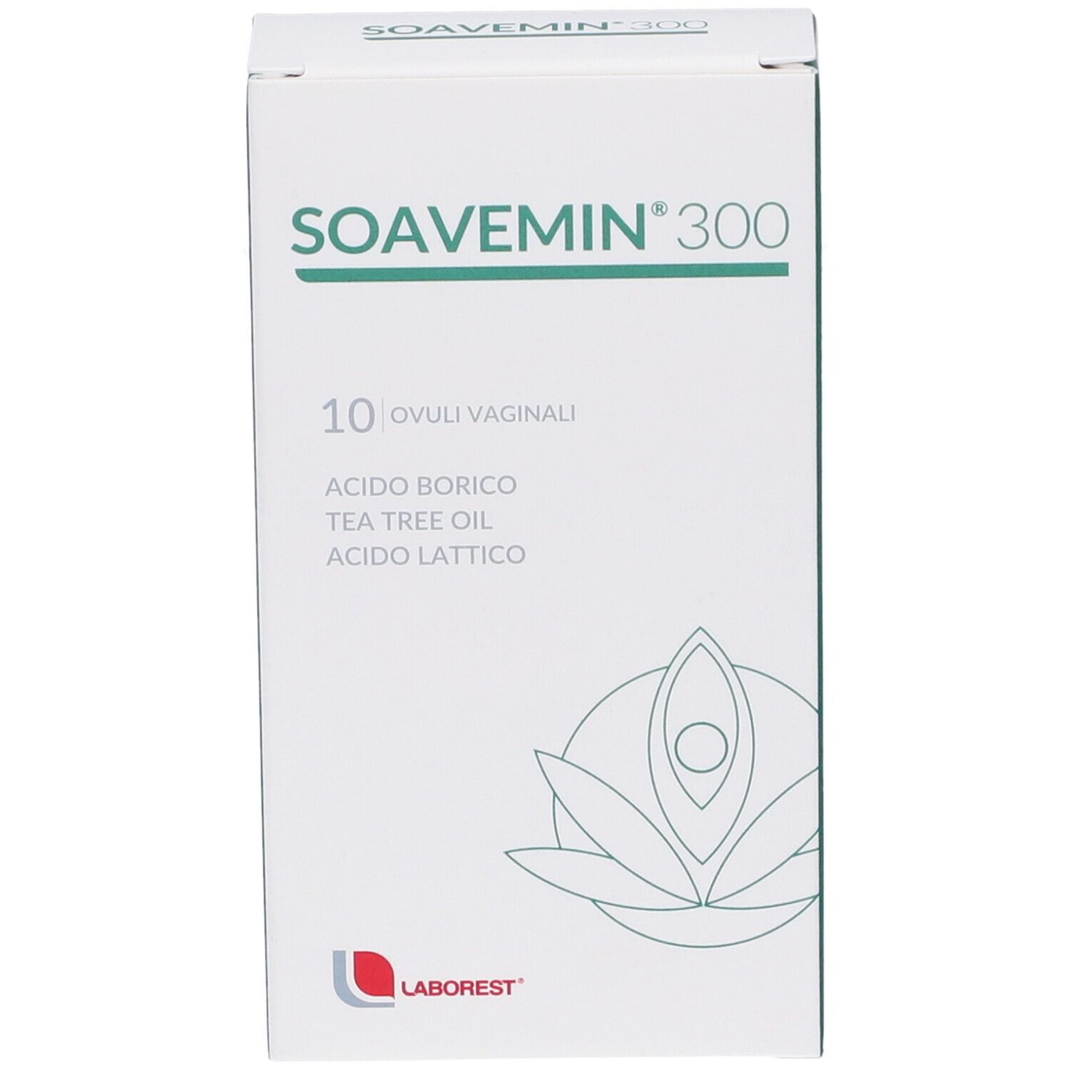 Scatola "SOAVEMIN 300". Contiene 10 ovuli vaginali. Ingredienti: acido borico, olio di tea tree, acido lattico. Marchio: Laborest.