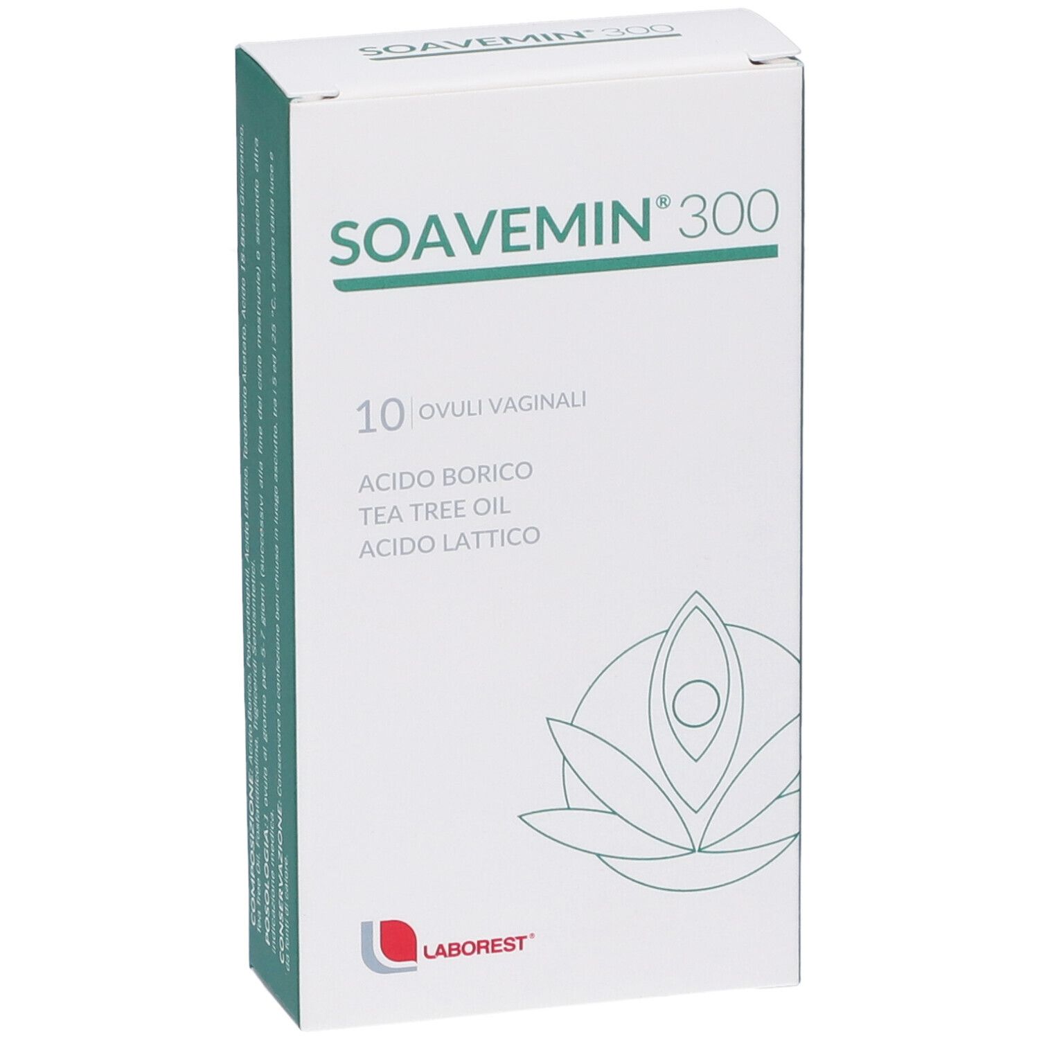 Scatola "SOAVEMIN 300". Contiene 10 ovuli vaginali. Ingredienti: acido borico, olio di tea tree, acido lattico. Marchio: Laborest.