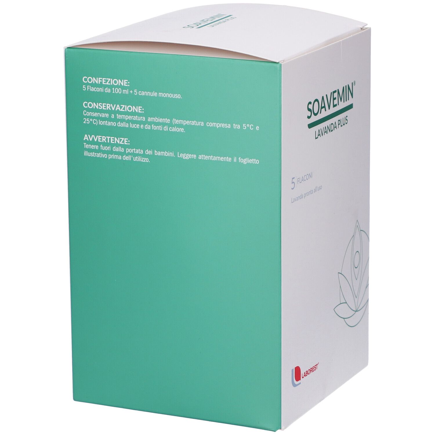 Scatola verde e bianca con nome e logo del prodotto. Contiene 5 flaconi. Testo in italiano.