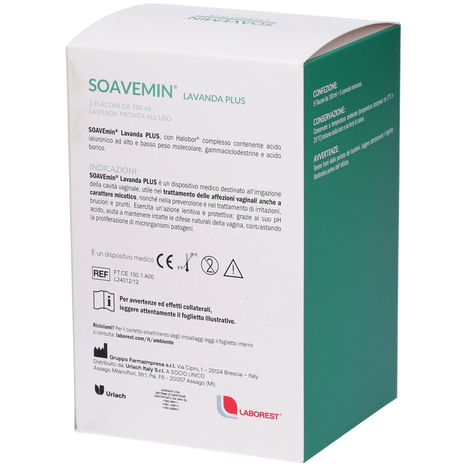 Scatola con informazioni sul prodotto. Contiene testo in italiano. Sfondo verde con testo bianco.