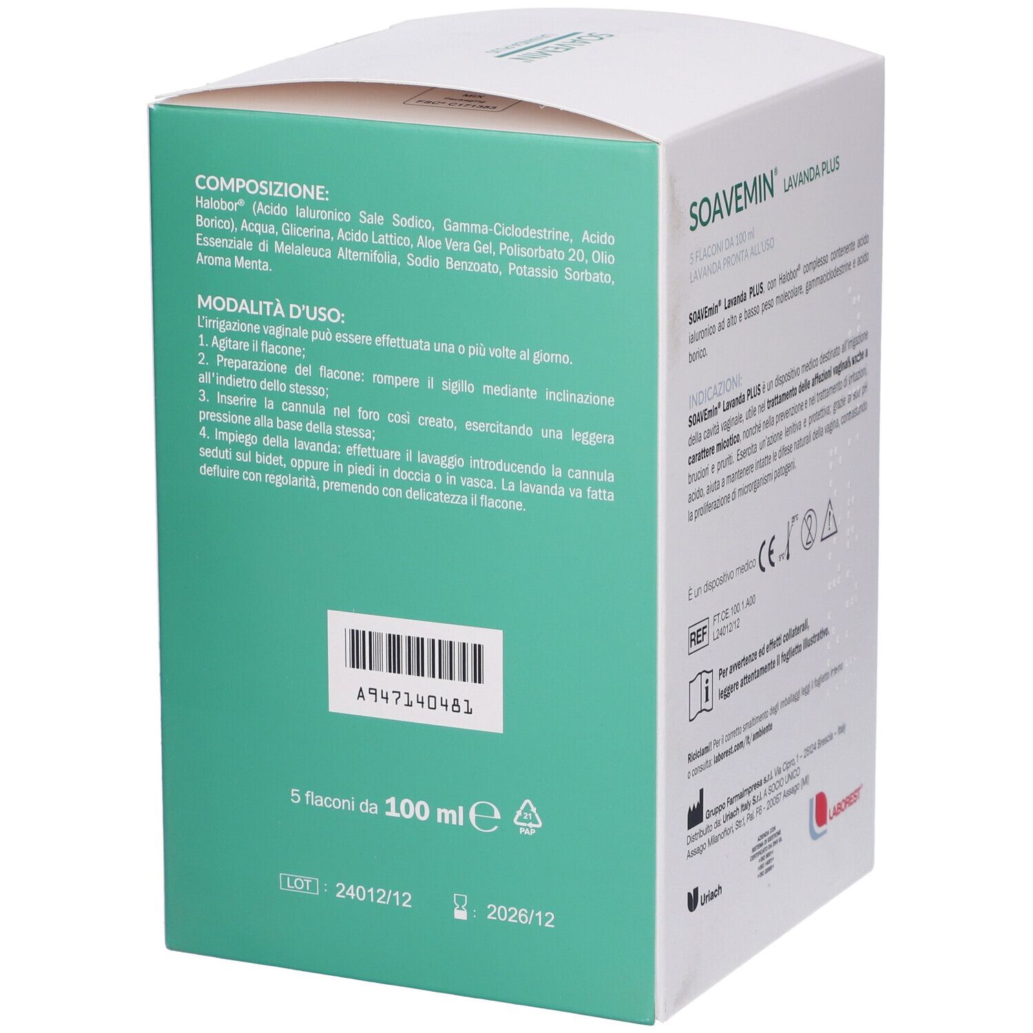 Scatola con nome e logo del prodotto. Contiene 5 flaconi. Testo in italiano. Sfondo verde.