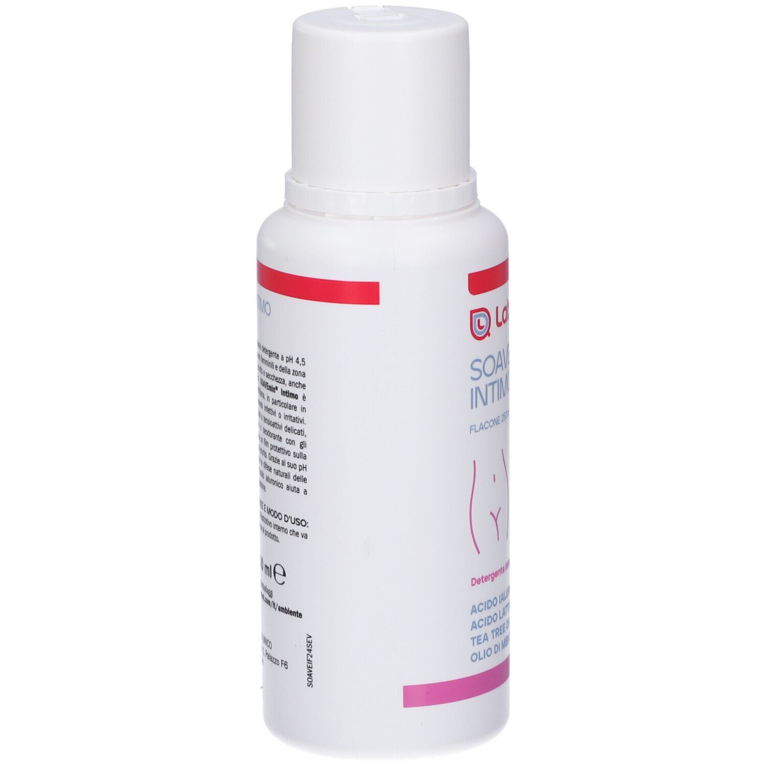 Flacone bianco con scritte rosse e rosa. Contiene Laborest Soavemin Intimo. Vista laterale.