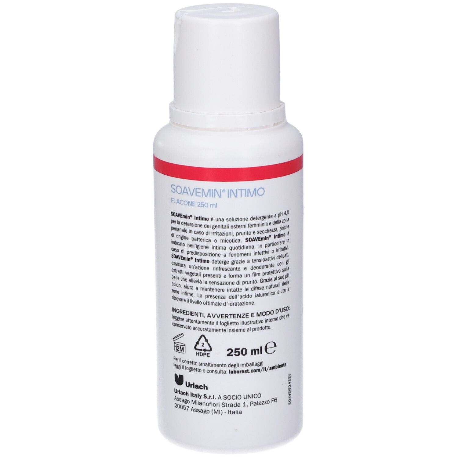 Flacone bianco con scritte rosse e rosa. Contiene Laborest Soavemin Intimo. Informazioni testuali sul retro.