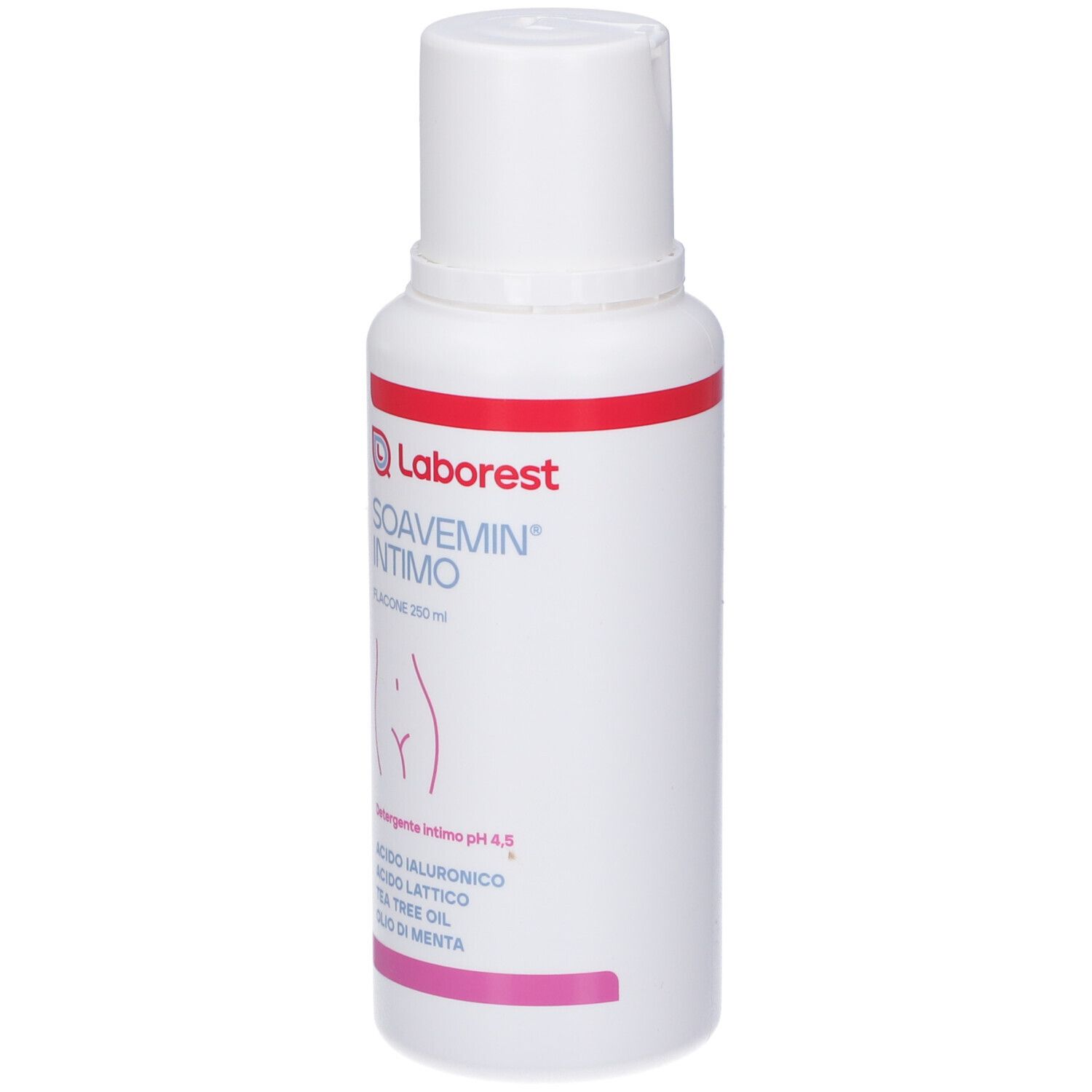Flacone bianco con scritte rosse e rosa. Contiene Laborest Soavemin Intimo. Illustrazione dell'area intima femminile.