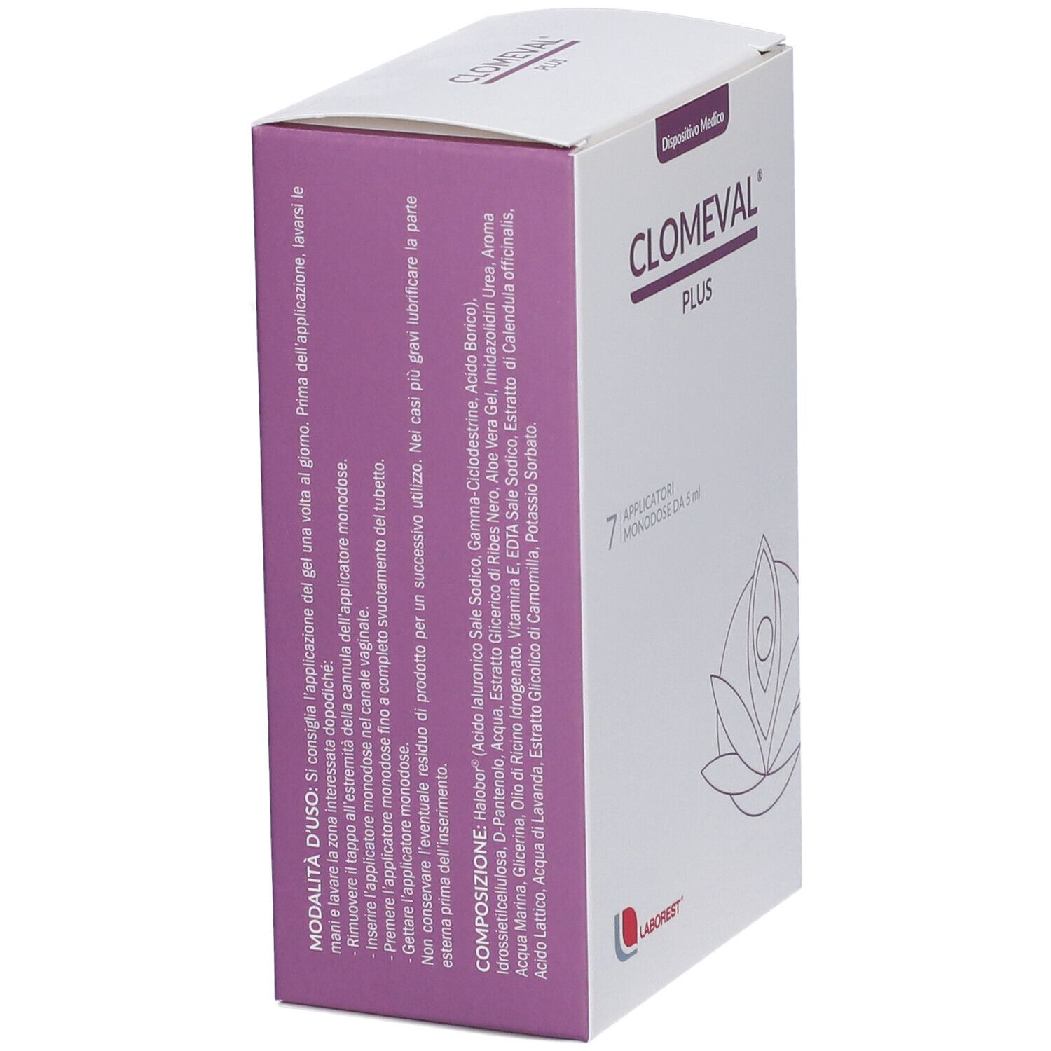 Scatola Clomeval Plus. Testo su ingredienti e uso. Logo Laborest.
