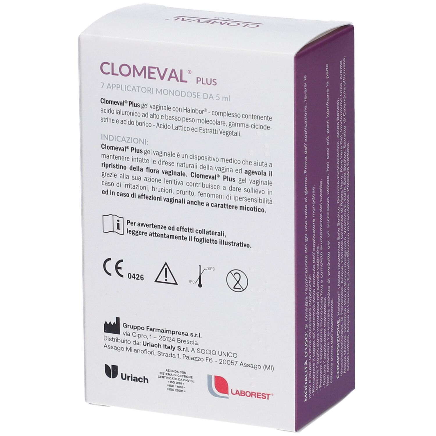 Retro della scatola Clomeval Plus. Contiene informazioni e marchio CE.