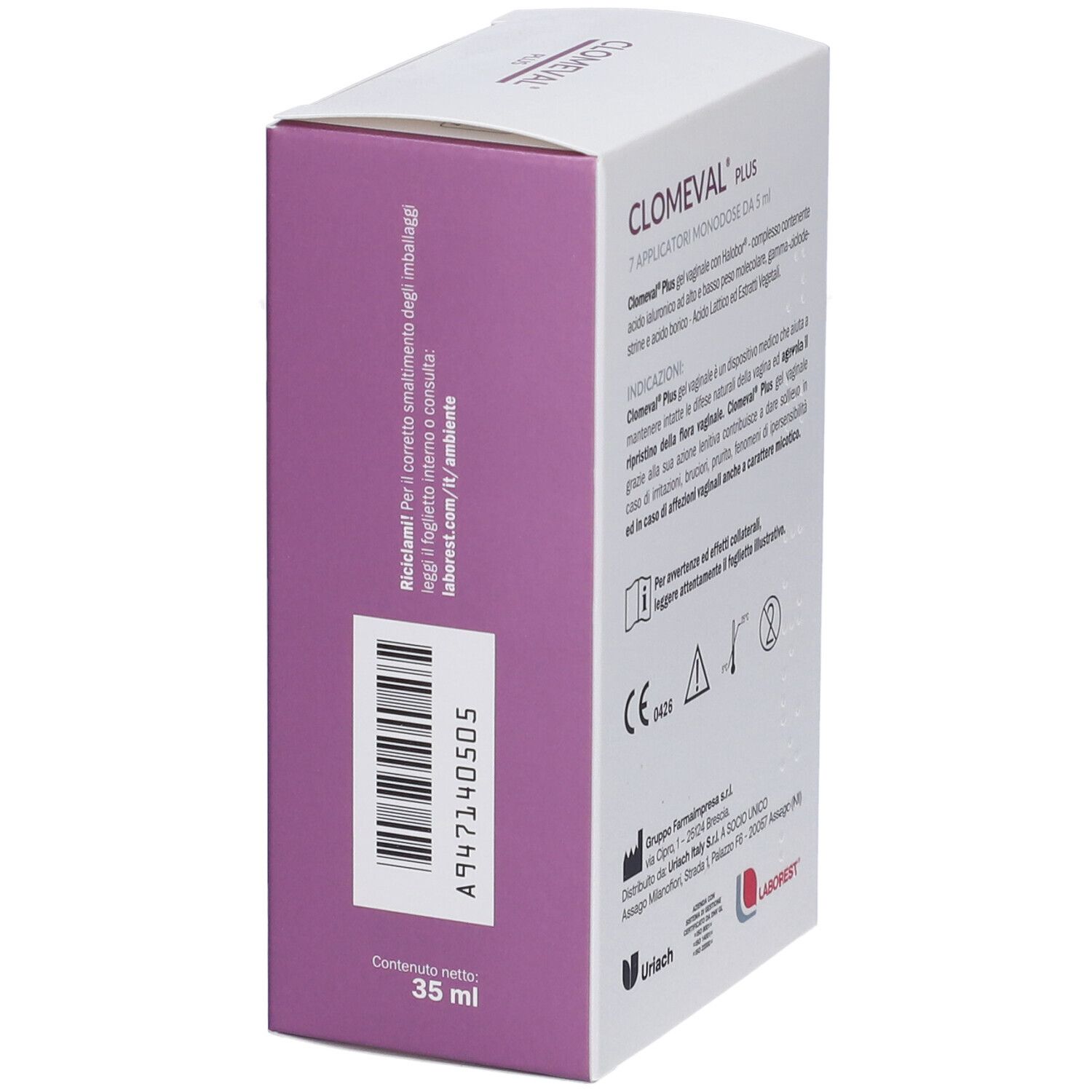 Lato della scatola Clomeval Plus. Codice a barre, testo e logo Laborest.