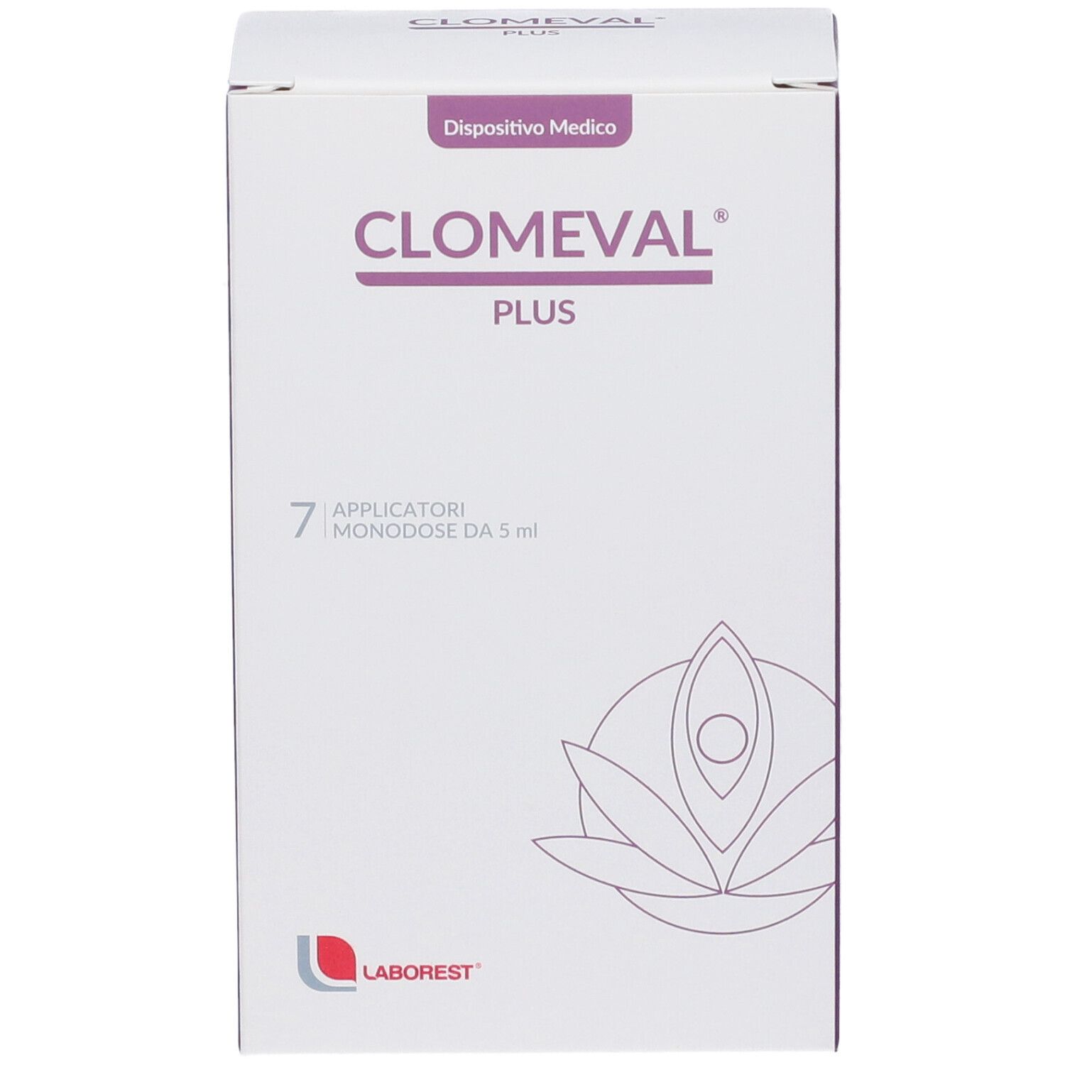 Scatola Clomeval Plus. Nome prodotto, 7 applicatori. Logo Laborest. Dispositivo medico.