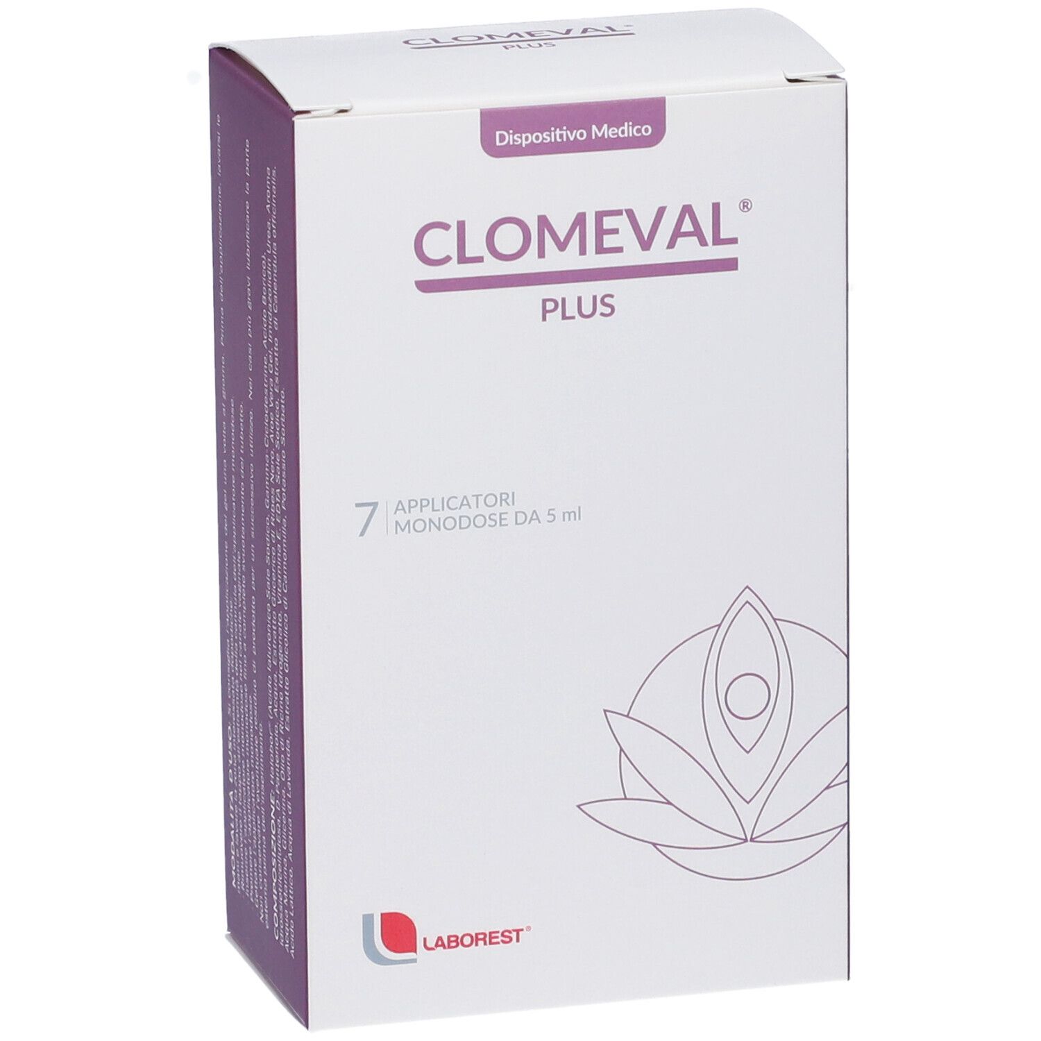 Scatola Clomeval Plus. Nome prodotto, 7 applicatori. Logo Laborest. Dispositivo medico.