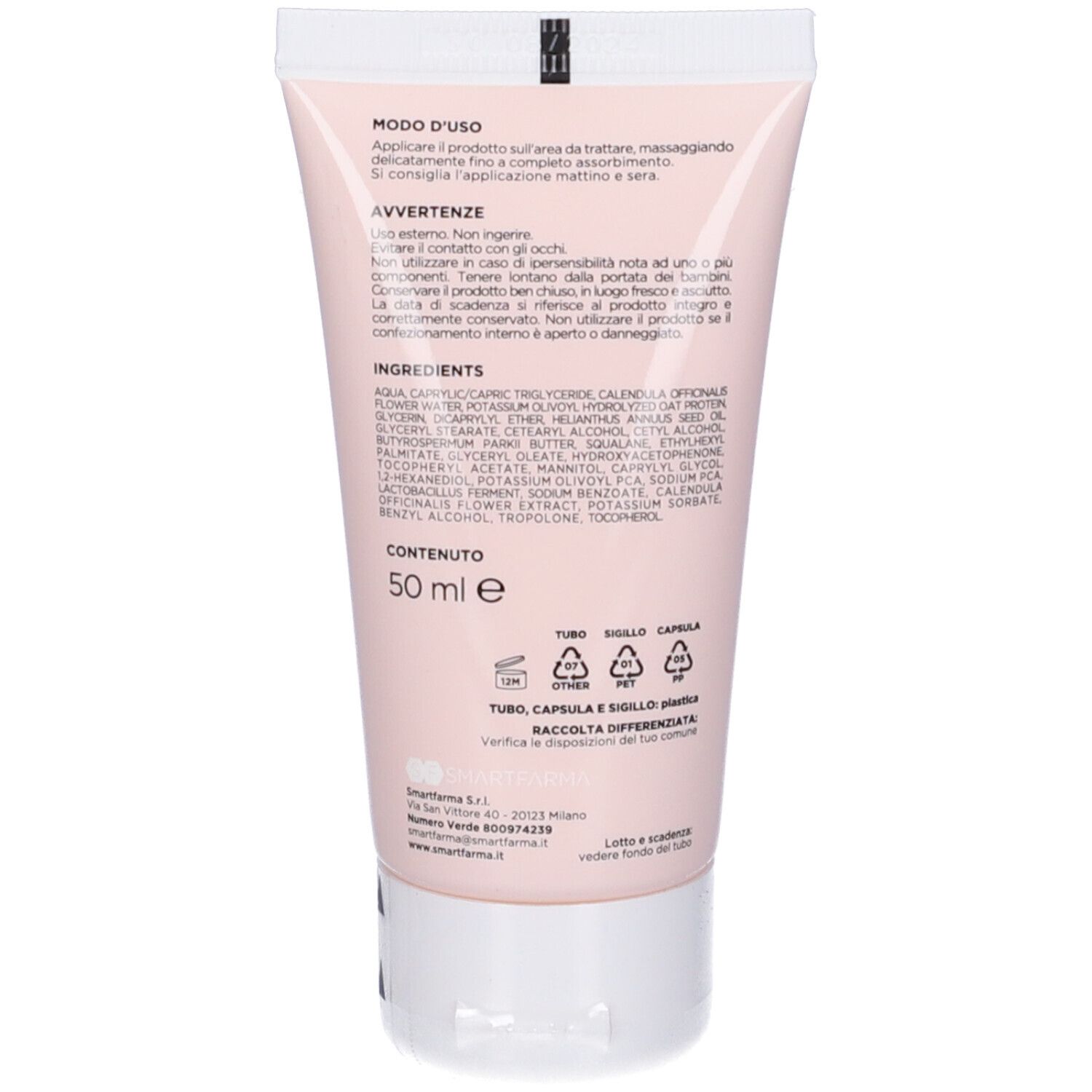 Retro del tubo di crema. Contiene ingredienti e istruzioni per l'uso. Testo: 50 ml. Con simboli di riciclaggio.