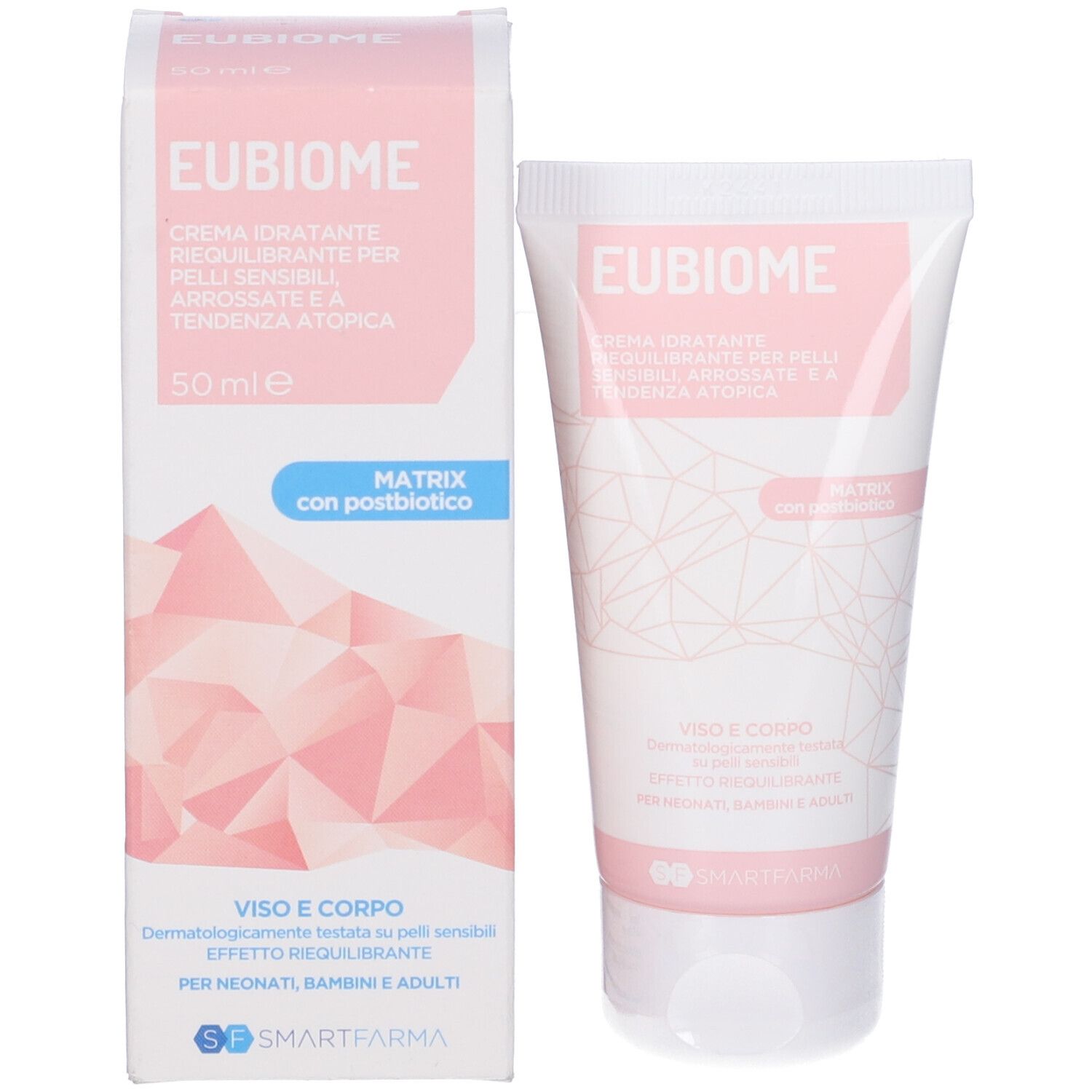 Confezione del prodotto e tubo di crema. Confezione: bianca e rosa. Contiene Eubiome. Testo: Crema per pelli sensibili. 50 ml.
