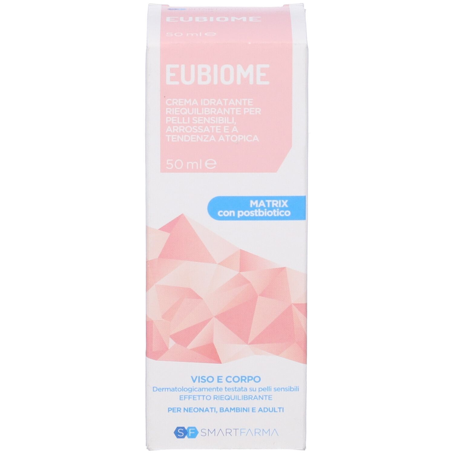 Confezione del prodotto, bianca e rosa. Contiene Eubiome. Testo: Crema per pelli sensibili. 50 ml. Con contrassegno blu.