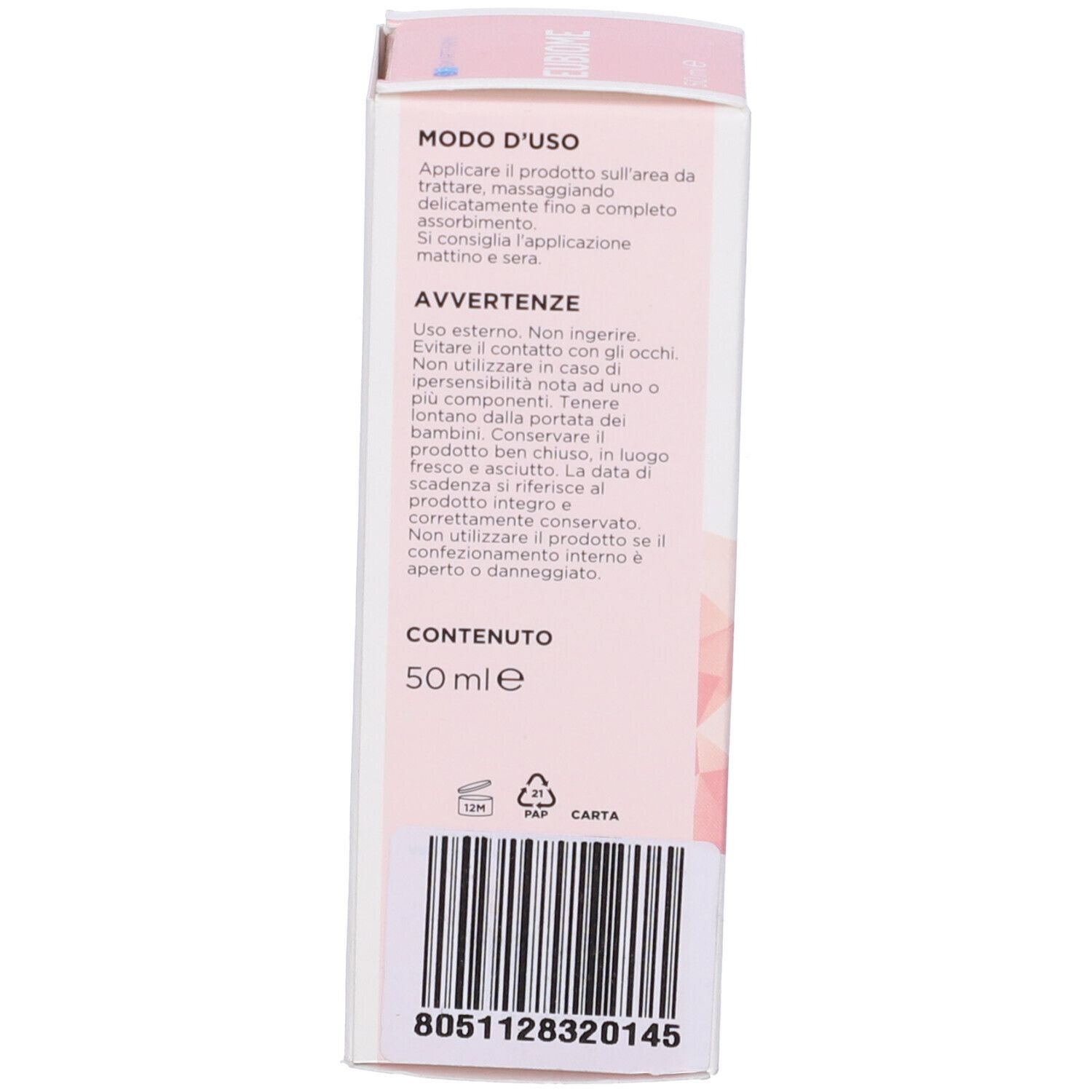 Retro della confezione del prodotto. Contiene istruzioni per l'uso e avvertenze. Testo: 50 ml. Con simboli di riciclaggio.