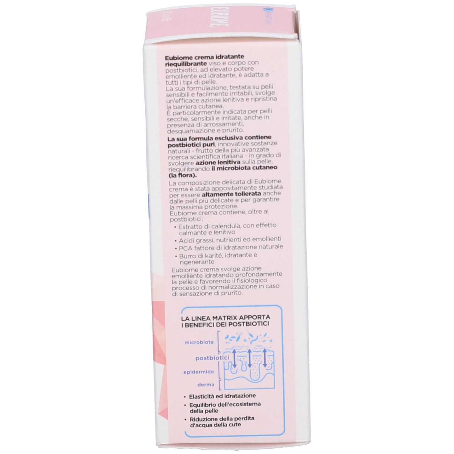 Lato della confezione del prodotto. Contiene descrizione e vantaggi del prodotto. Testo: Crema Eubiome. Con diagramma.