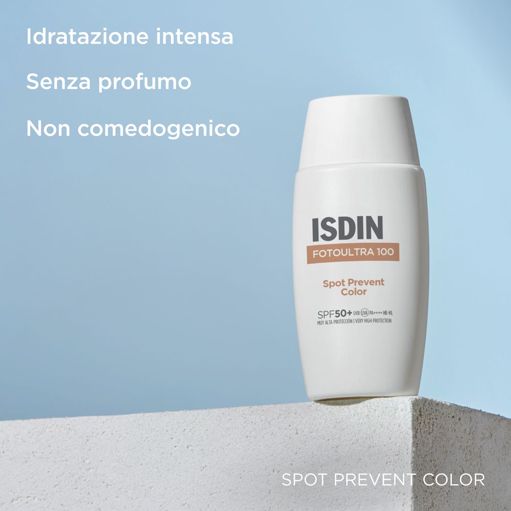 Flacone bianco con logo ISDIN e nome del prodotto. Testo: Idratazione intensa, senza profumo, non comedogenico.