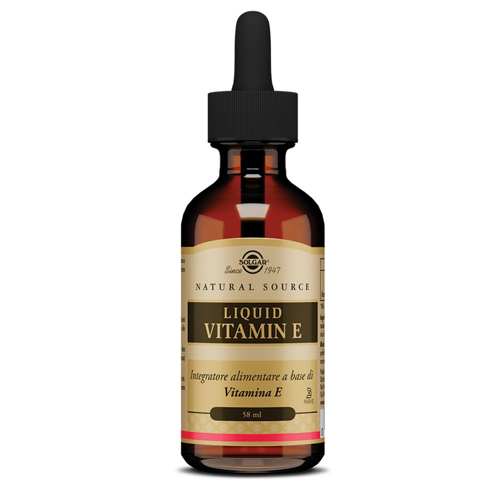 Flacone di vetro marrone con contagocce nero. Scritta: Liquid Vitamin E. Marchio: SOLGAR®.