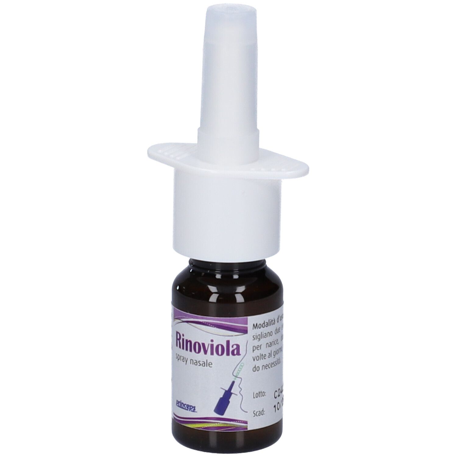 Flacone di vetro marrone con nebulizzatore bianco. Etichetta con informazioni sul prodotto. Rinoviola.