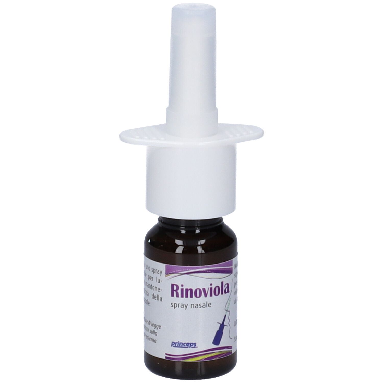 Flacone di vetro marrone con nebulizzatore bianco. Etichetta con informazioni sul prodotto. Rinoviola.