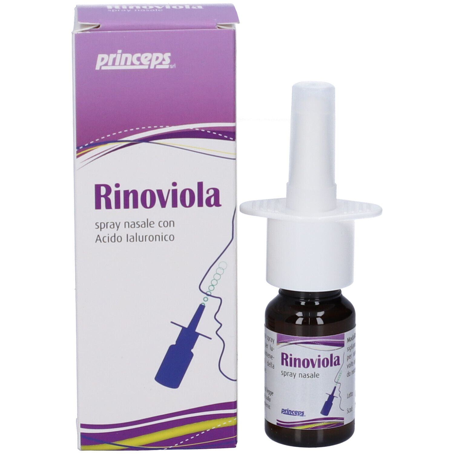 Confezione del prodotto con Rinoviola Spray Nasale e illustrazione del prodotto. Marchio Princeps.
